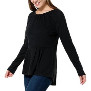 D2 by Diane Gilman Womens Black Peplum Top Long Sleeve Pleated High Low XS NEW